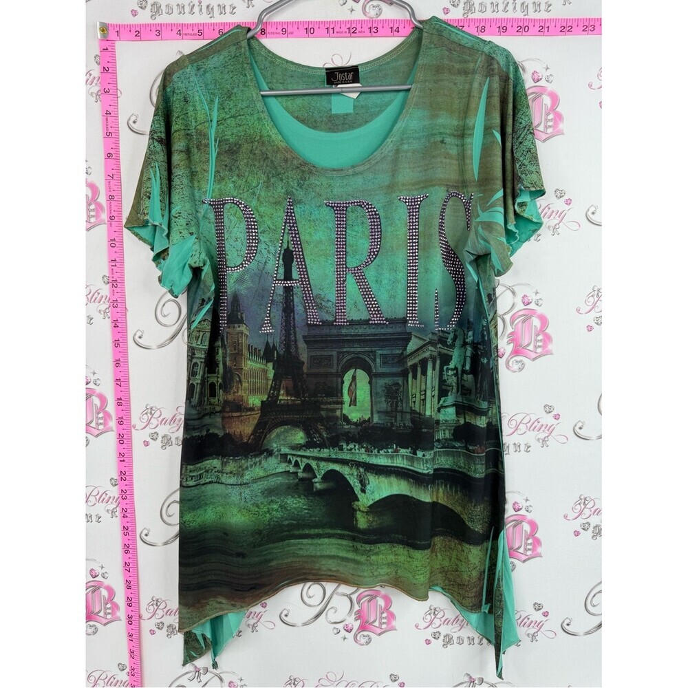 Jostar tshirt rhinestone studded Paris Graphic Green Rhinestone Tunic by Jostar